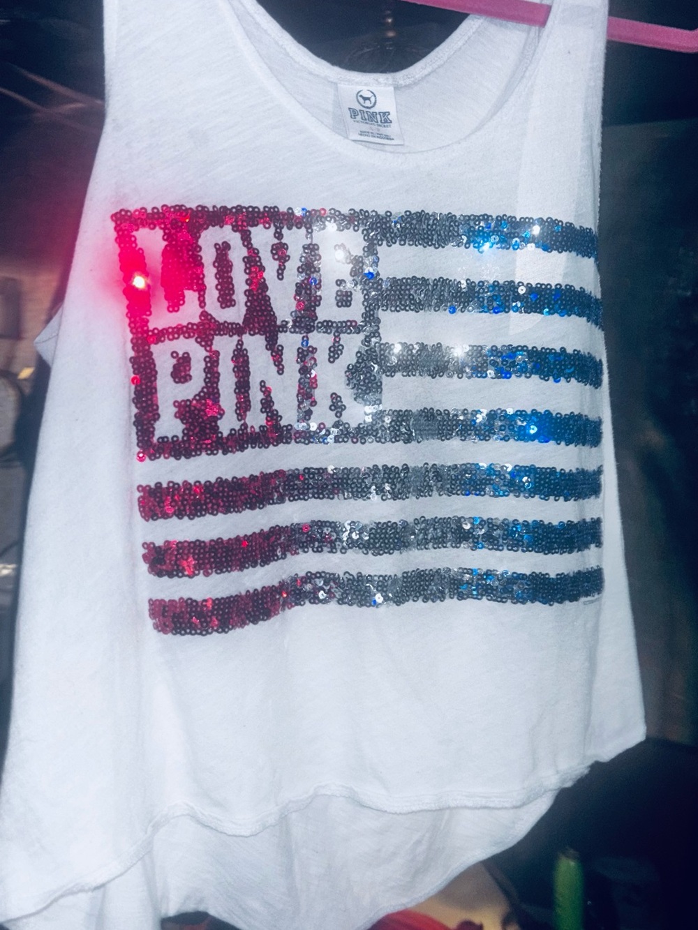PINK Victoria's Secret White Tank Top with Red & Blue Sequin 'Love PINK' Flag